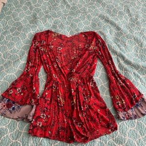 Red Floral Bell sleeve Romper